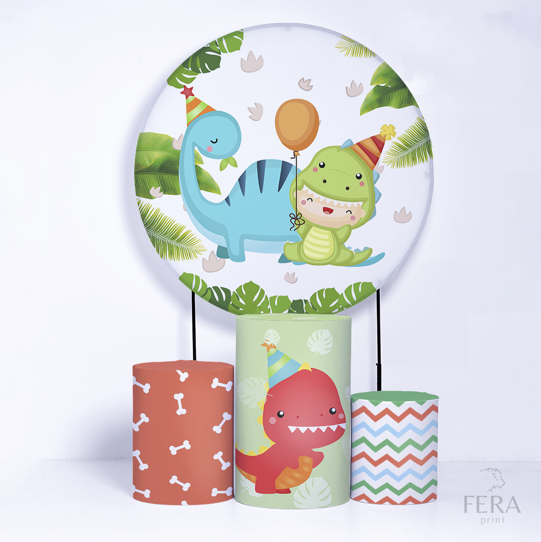 Kit Painéis + Trio Capa Cilindro Casado Dino Baby Folhas Sublimado