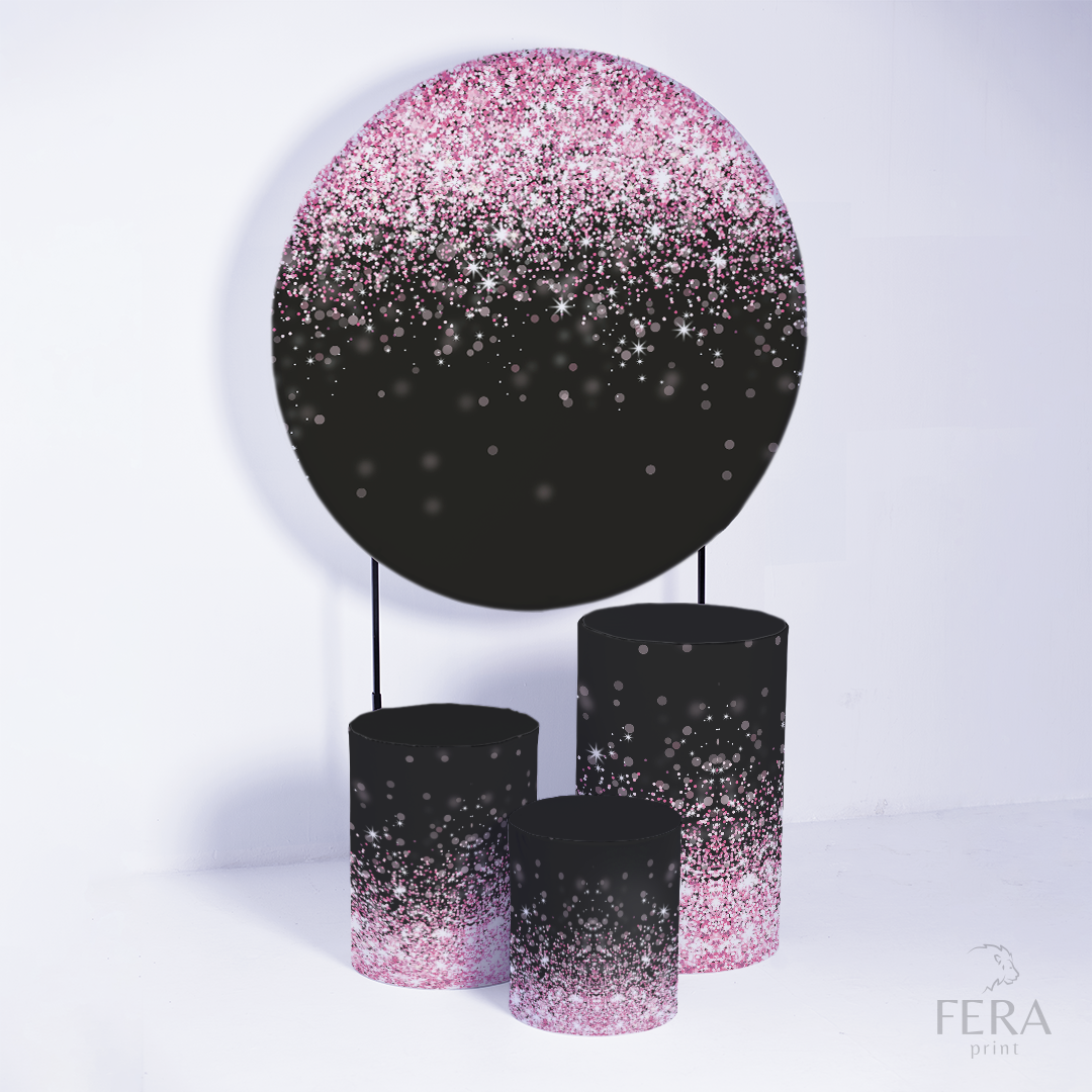 Kit Capa Cilindros + Capa Painel Glitter Preto e Rosa Geométrico Sublimado