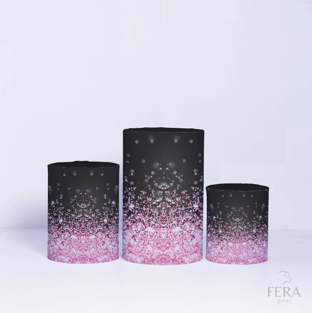 Kit Capa Cilindros + Capa Painel Glitter Preto e Rosa Geométrico Sublimado