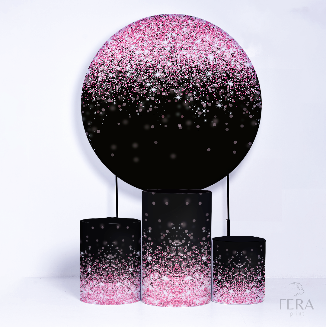 Kit Capa Cilindros + Capa Painel Glitter Preto e Rosa Geométrico Sublimado