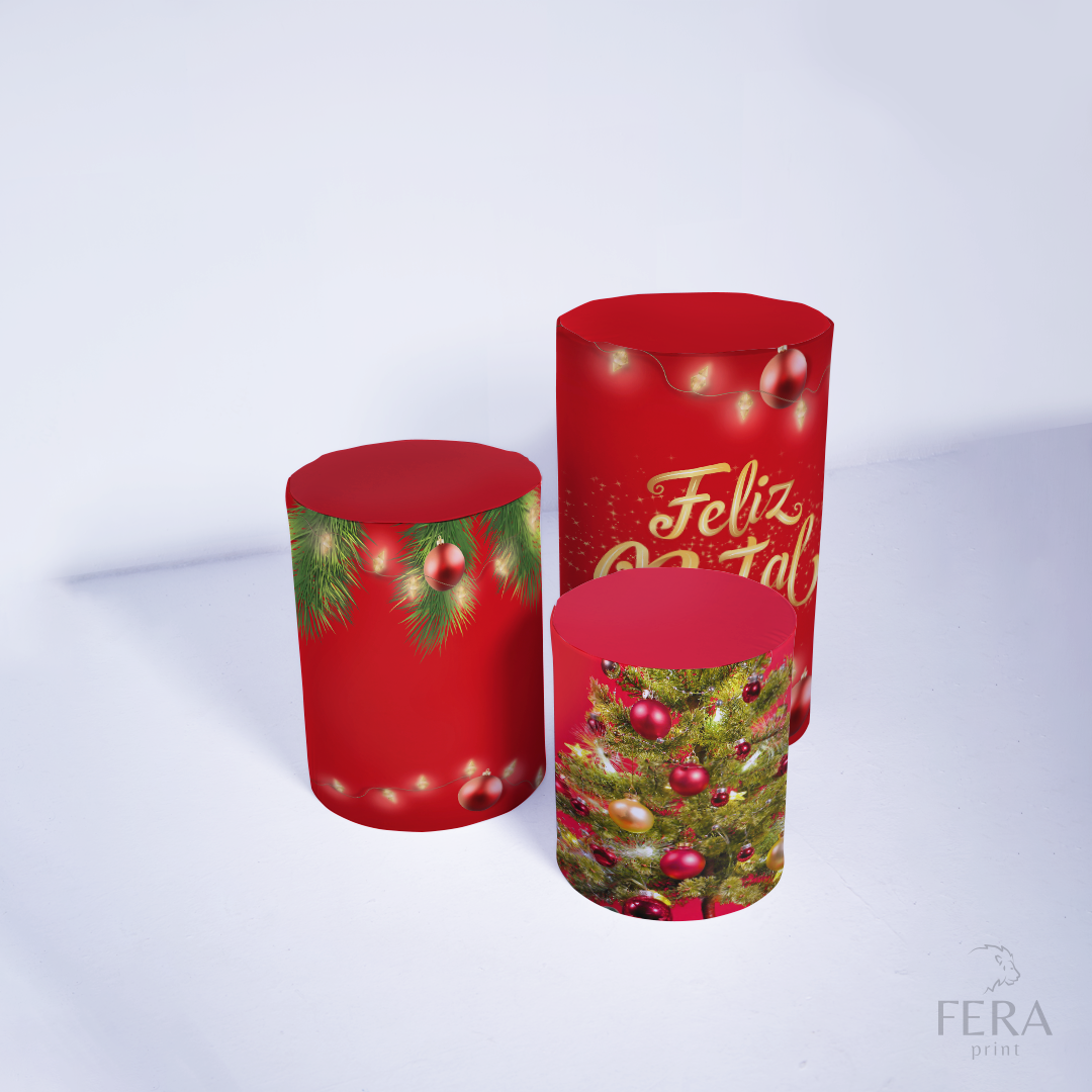 Kit Capa Cilindros + Capa Painel Feliz Natal Vermelho Sublimado