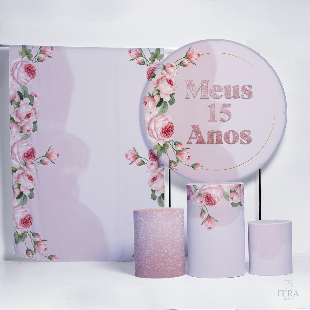 Kit Painéis + Trio Capa Cilindro Casado 15 Anos Rosa Sublimado