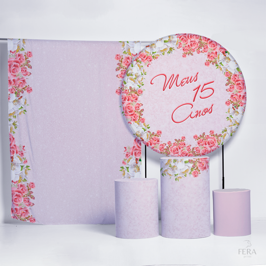 Kit Painéis + Trio Capa Cilindro Casado Meus 15 Anos Rosa Glitter Sublimado