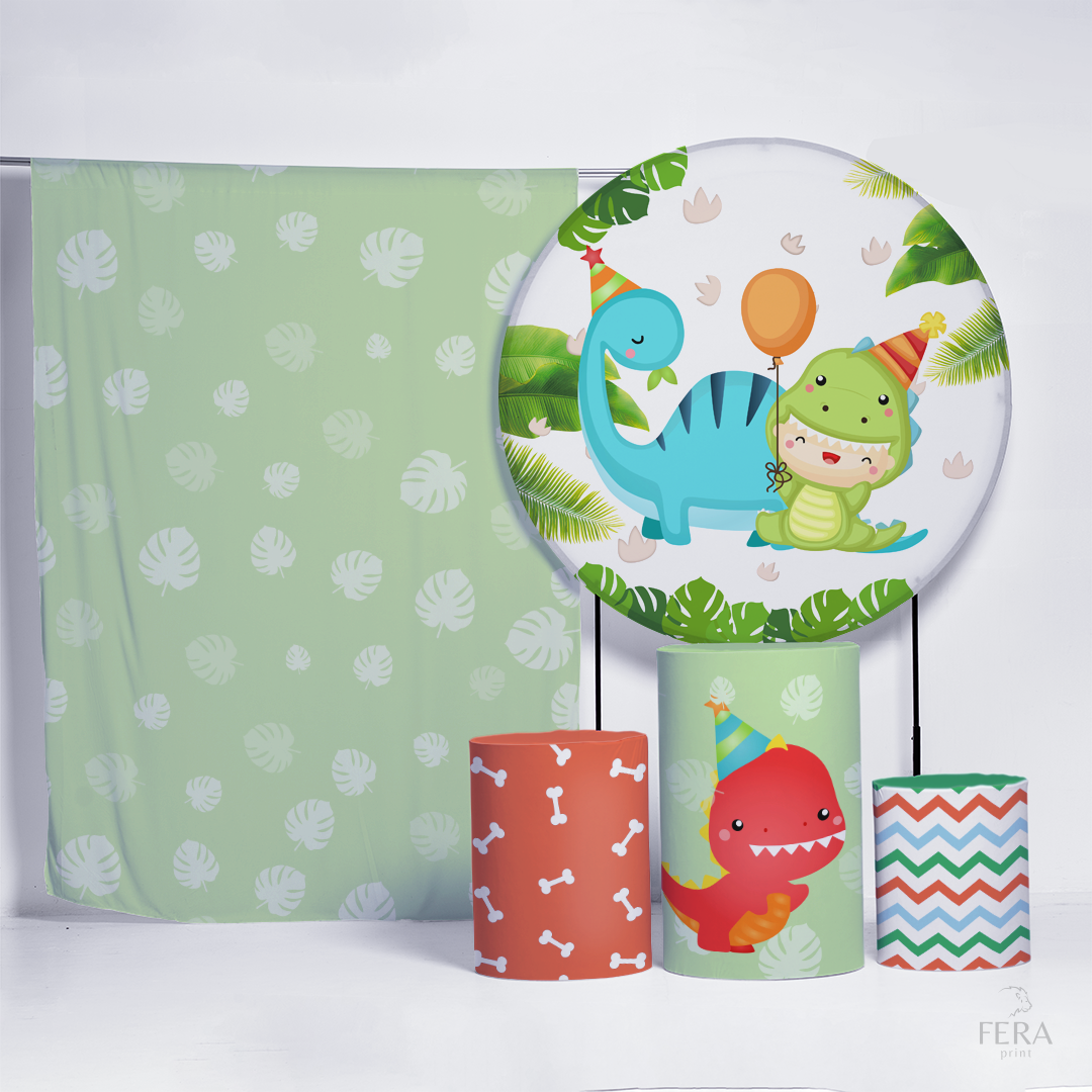 Kit Painéis + Trio Capa Cilindro Casado Dino Baby Folhas Sublimado