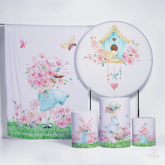 Kit Painéis + Trio Capa Cilindro Casado Jardim Encantado Casinha Sublimado