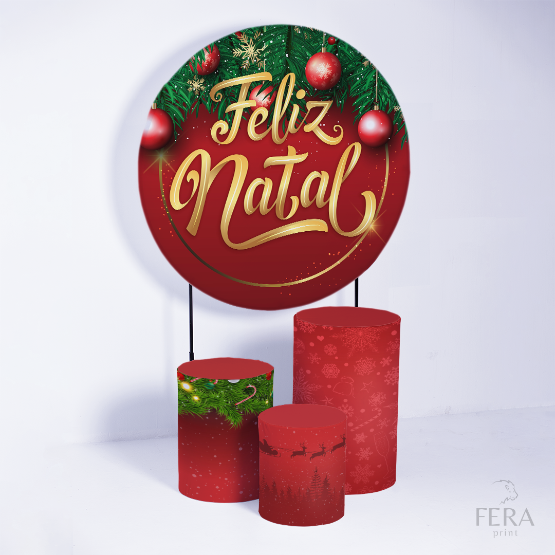 Kit Capa Cilindros + Capa Painel Feliz Natal Dourado Sublimado