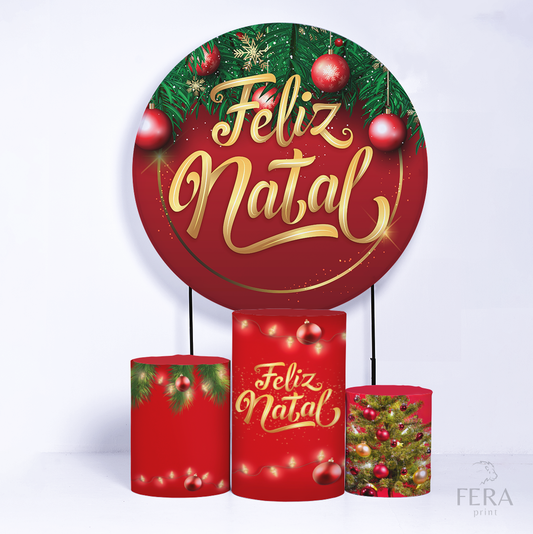 Kit Capa Cilindros + Capa Painel Feliz Natal Vermelho Sublimado