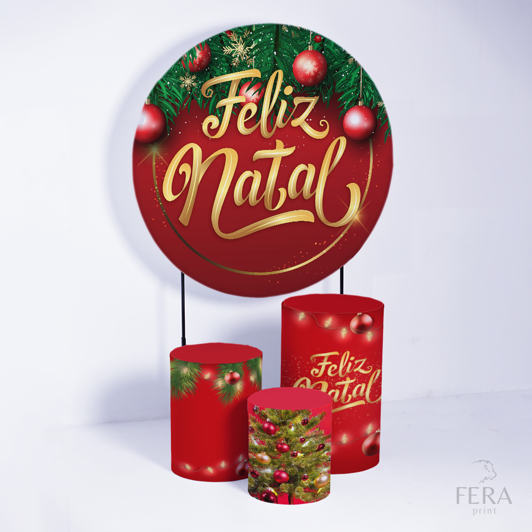 Kit Capa Cilindros + Capa Painel Feliz Natal Vermelho Sublimado