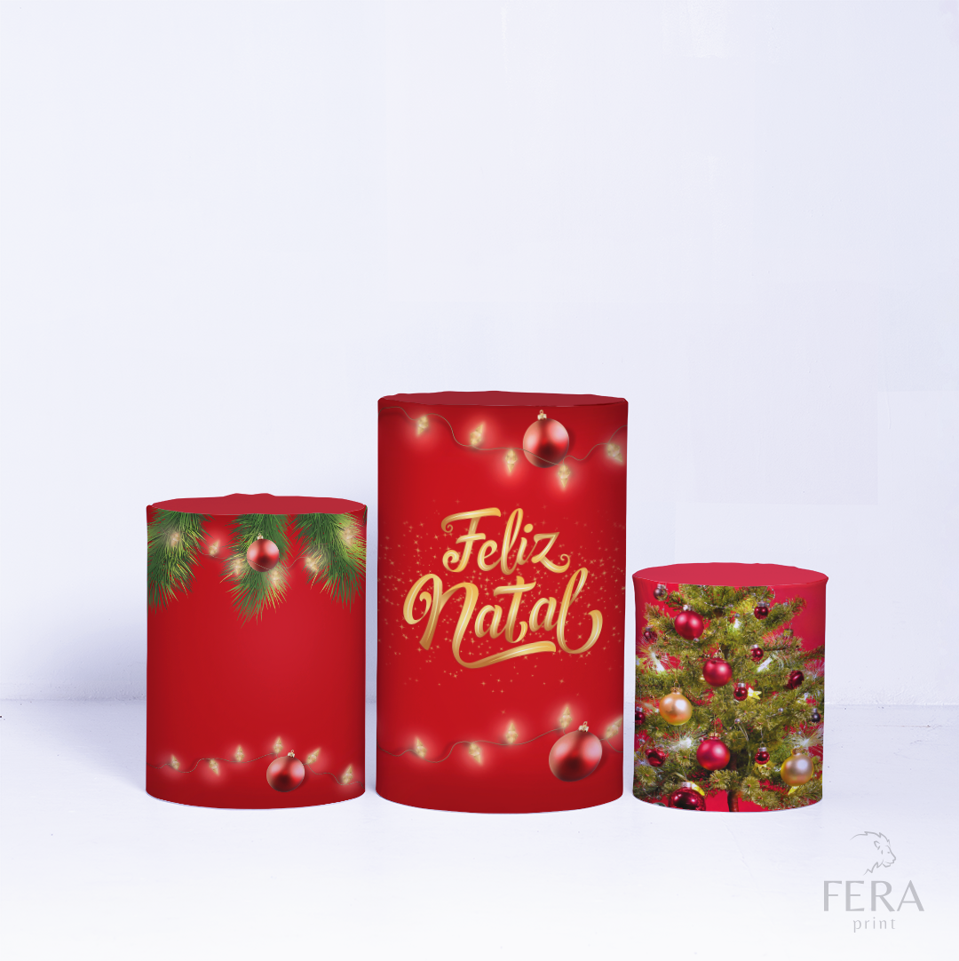 Kit Capa Cilindros + Capa Painel Feliz Natal Vermelho Sublimado